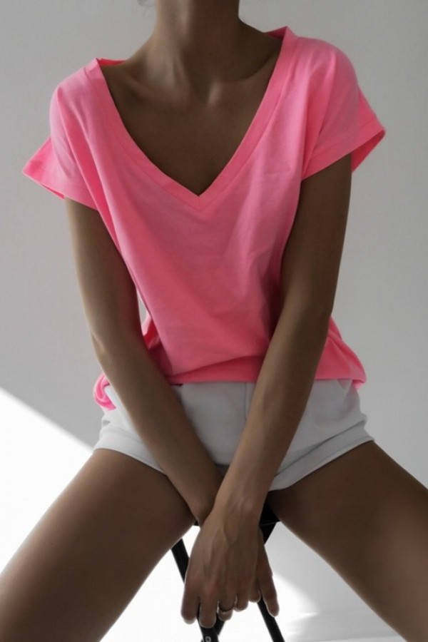 T-shirt V-NECK Basic Neon Różowy